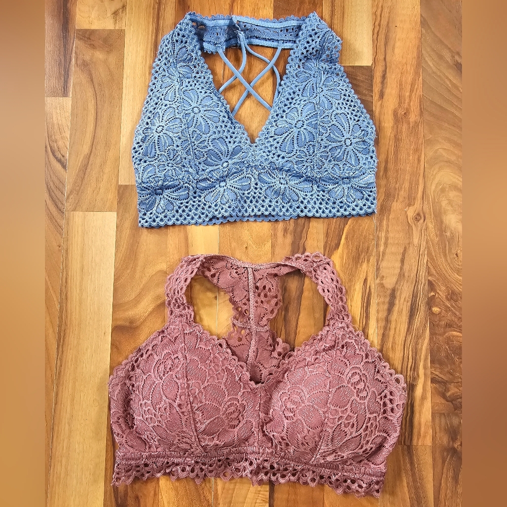 Lace Bralette - Blue & Mauve Floral Crochet Lace